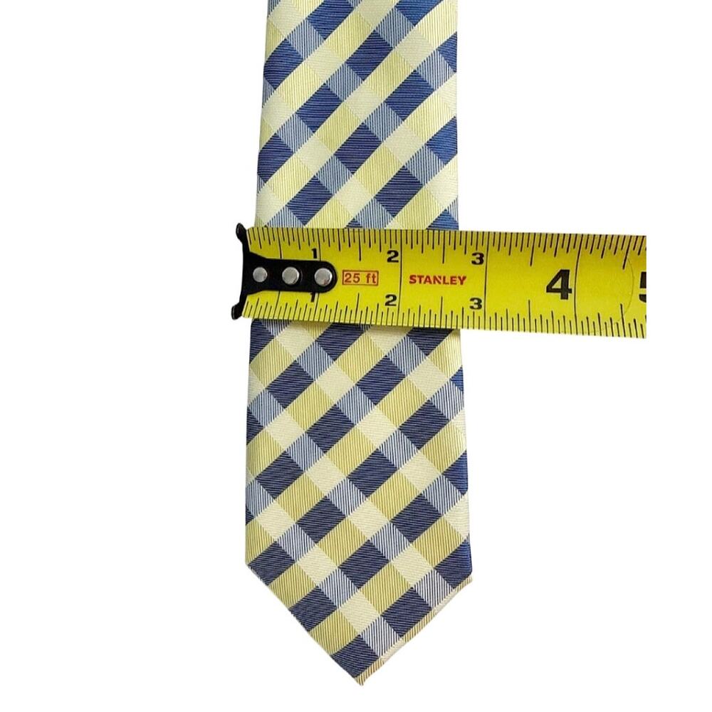 Men’s 100% Silk Tie Yellow Navy Blue Plaid Check Hand Made Classic Necktie - Picture 4 of 5